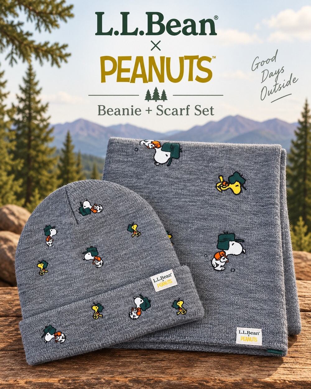L.L. Bean x Peanuts Gray Snoopy Woodstock Beanie + Scarf Set One Size